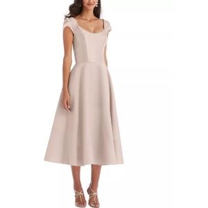 Alfred Sung Cap Sleeve Full Skirt Satin Midi Cocktail Dress Size 4